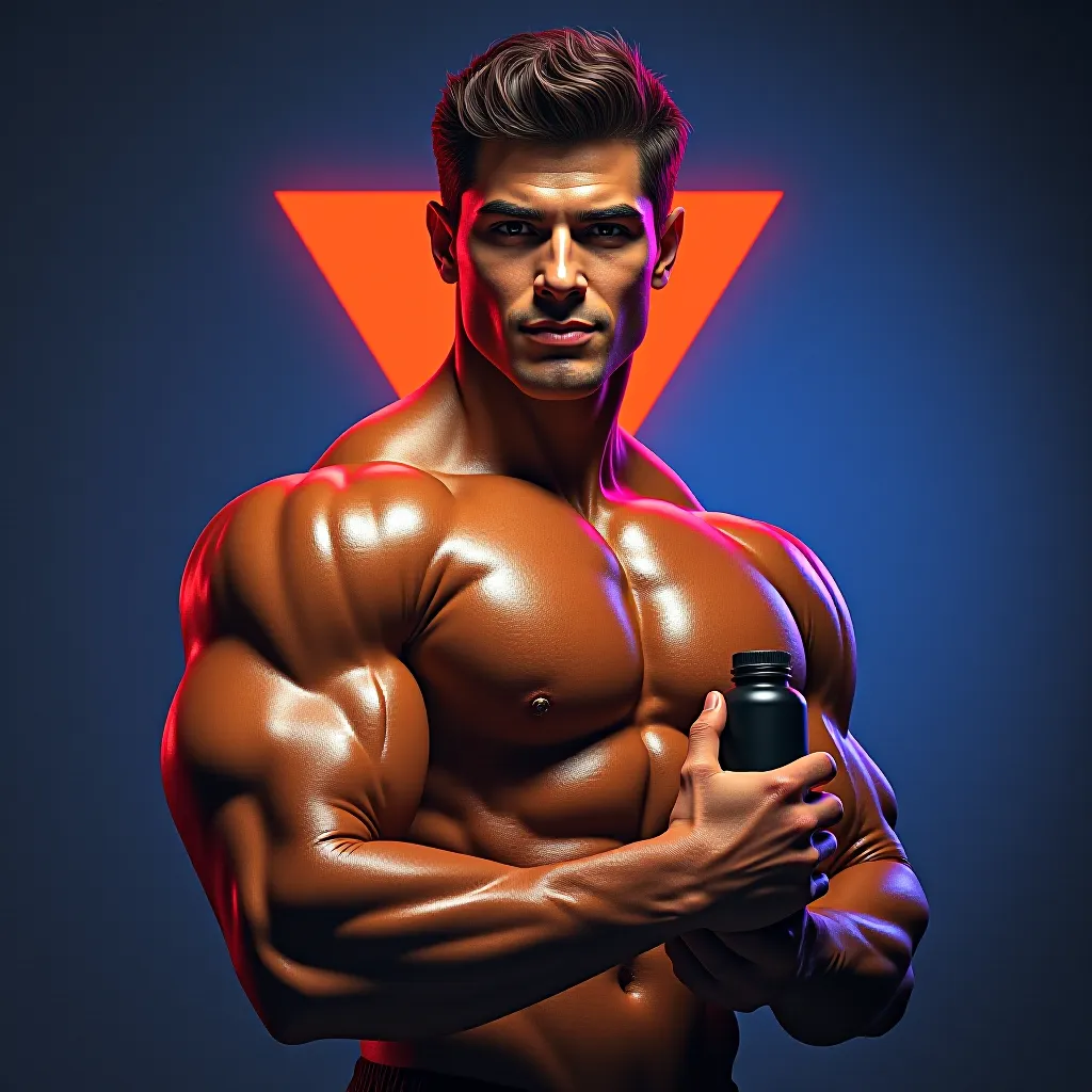 The 1980s muscle-magazine print-ad aesthetic: high-saturation portrait with hard rim-lighting, the visual grammar of br…