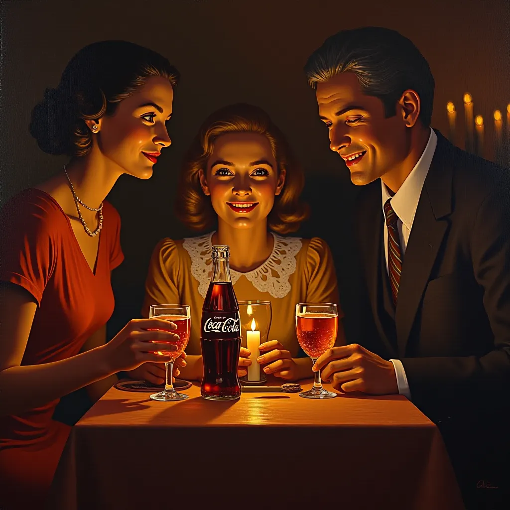 The after-hours Haddon Sundblom Coca-Cola Santa, rendered by firelight and candle instead of the daylit interior. The m…