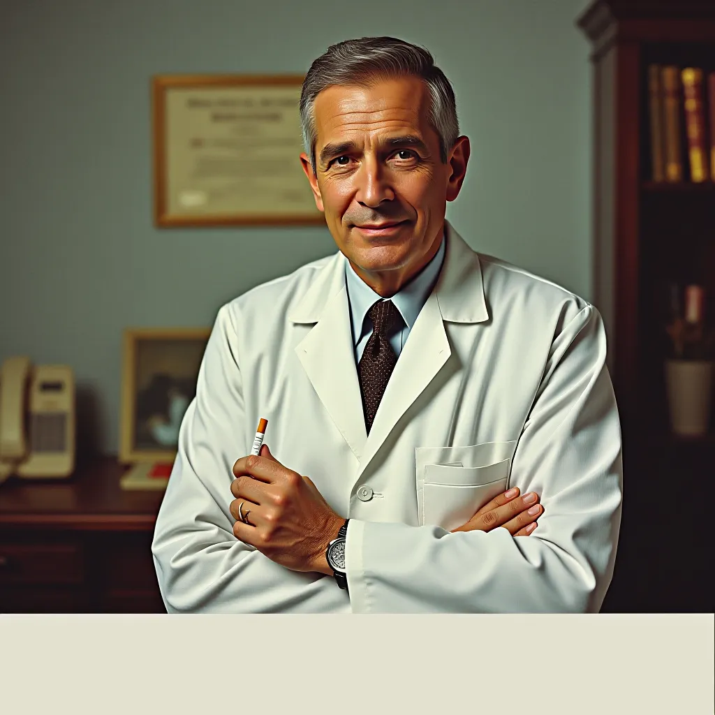The "Your Doctor Recommends" cigarette advertising peak, rendered as a staged clinical-studio photograph. The white coa…