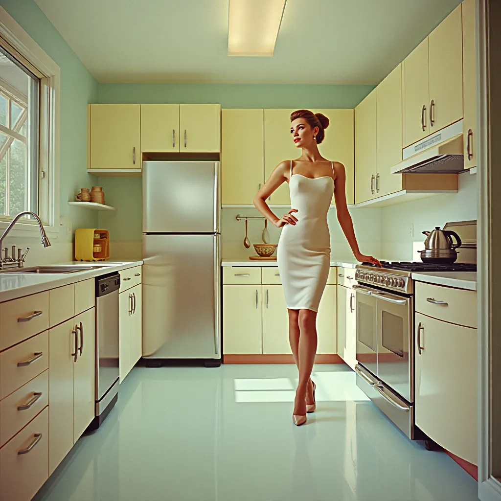 The atomic-era kitchen advertisement: chrome, Formica, and the promise that modernity would free women into a gleaming…
