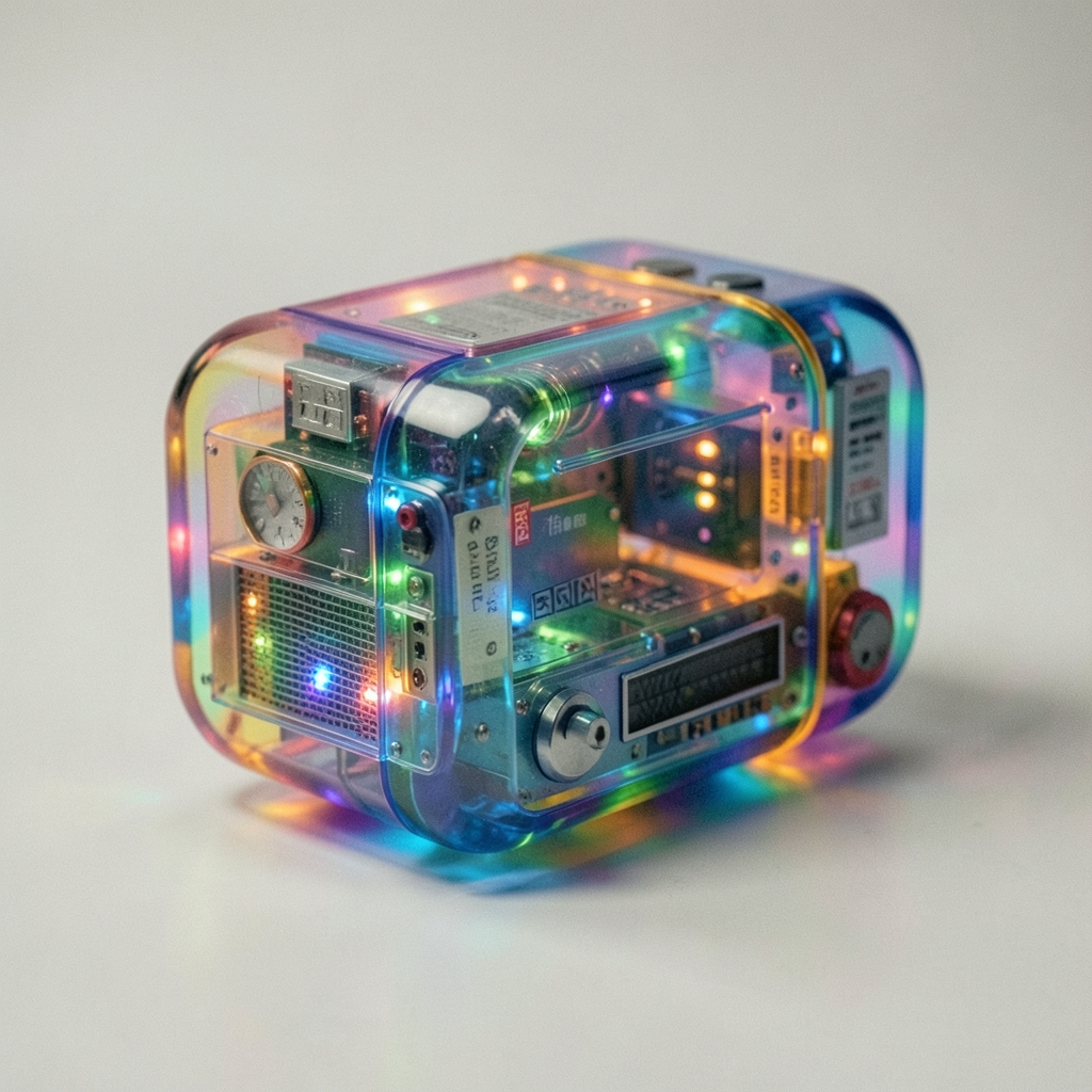 Style register: Late-1990s translucent domestic electronics: candy-colored frosted shells, molded seams, internal ribs,…