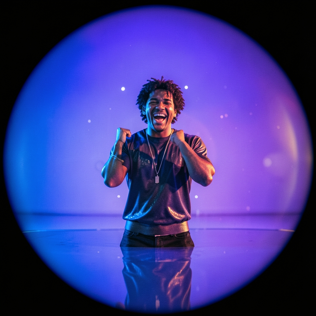 Style register: Late-1990s glossy fisheye music-video optics: rounded wide-angle perspective, theatrical color bounce, glossy wet-set light.