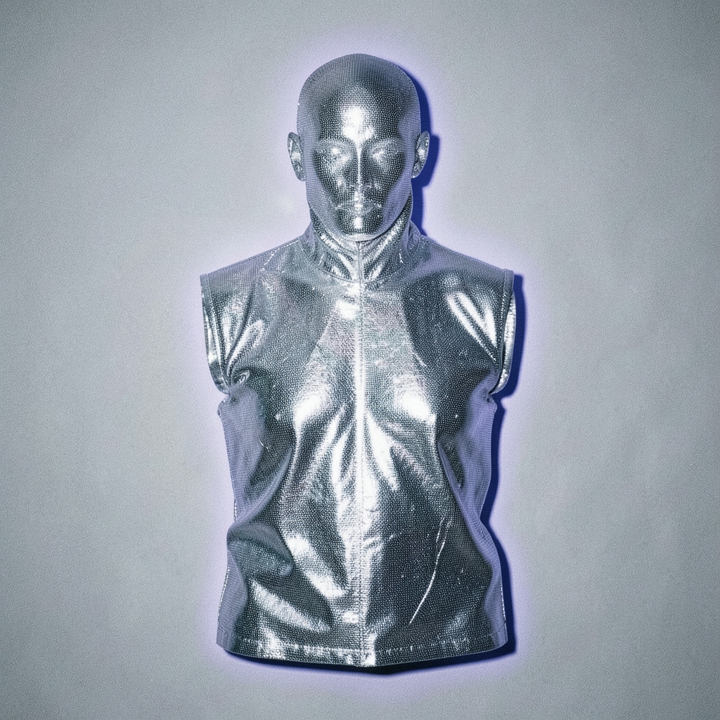 Style register: Late-1990s fashion-image futurism: sculpted silver textiles, editorial hard flash, cool seamless backgr…