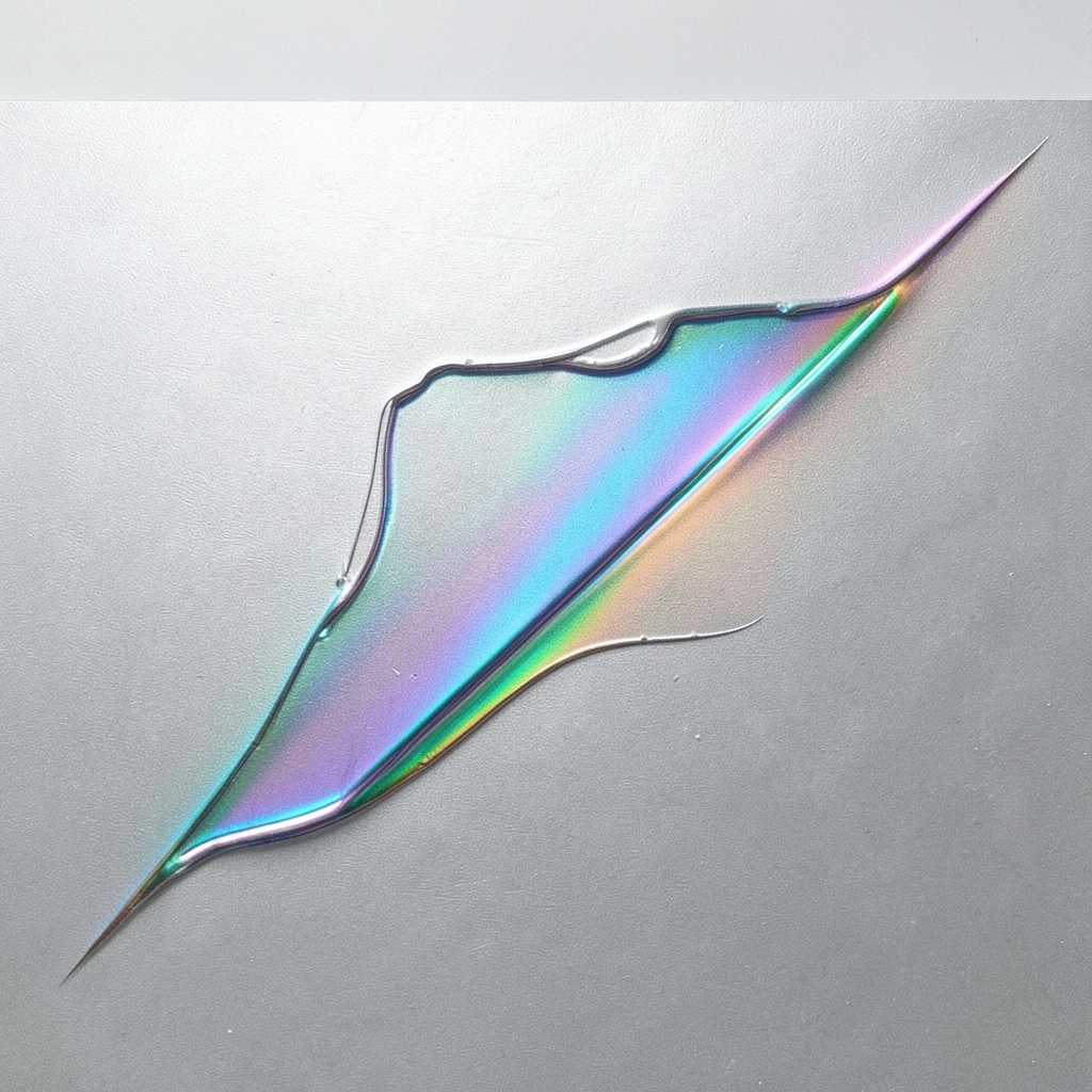 Style register: Y2K prismatic foil surfaces: angle-shifted spectral color, embossed relief, metallic substrate and fain…