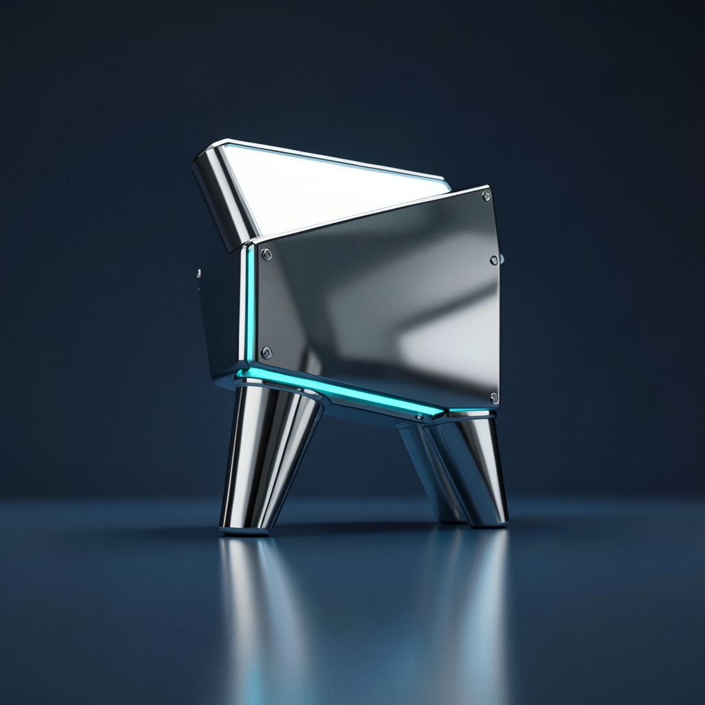 Style register: Early CGI ray-tracing demonstrations: hard mirrored solids, tiled reflection recursion, long clean shad…