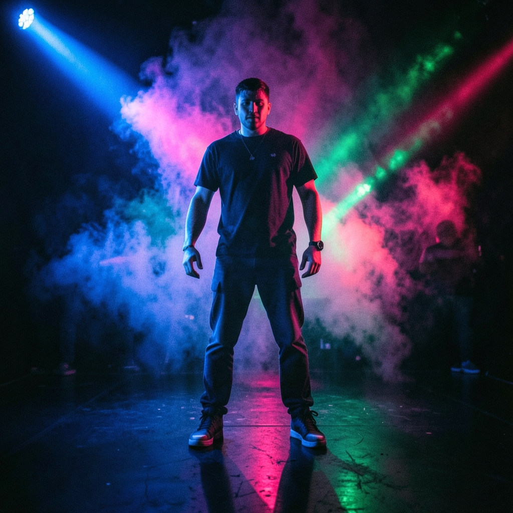 Style register: Millennium dance-floor flyer color without typography: aerosol gradients, smoked acrylic, sharp light c…