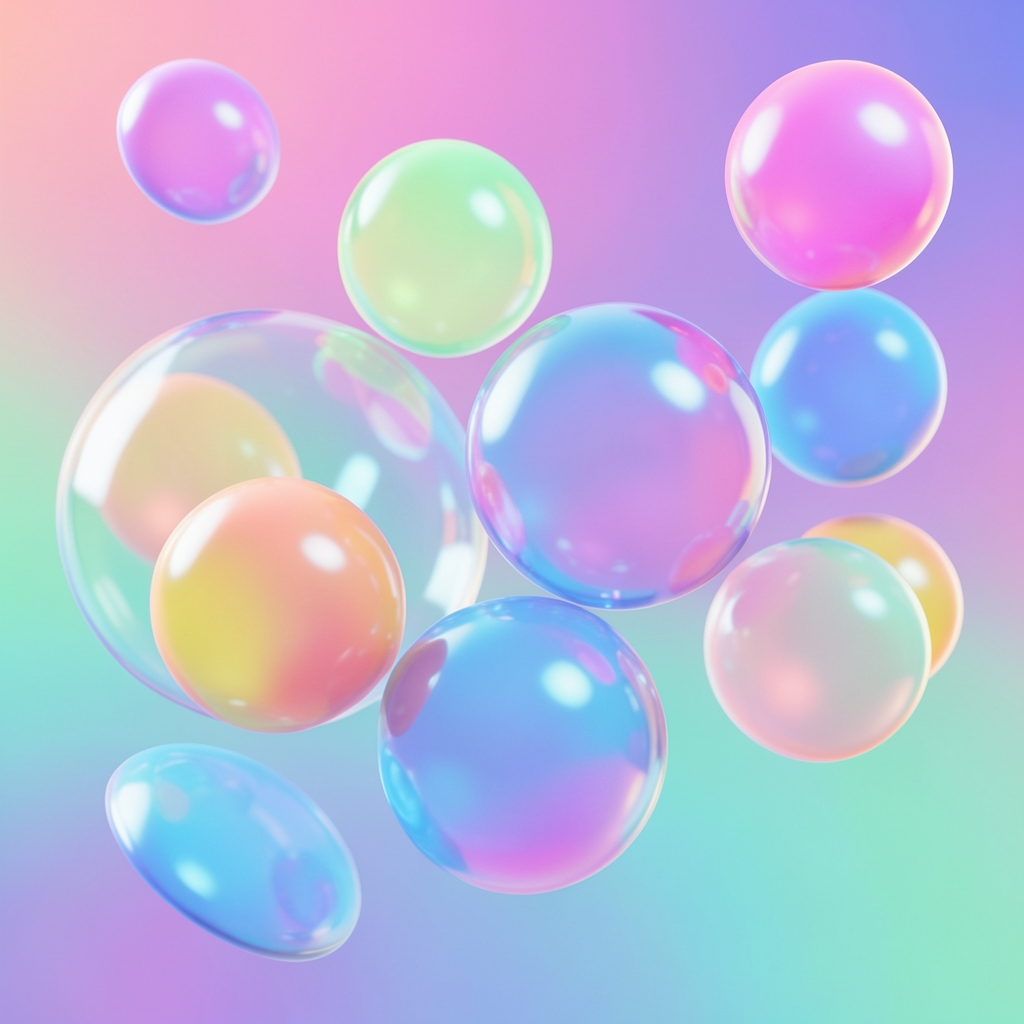Style register: Turn-of-the-millennium bubble-type dimensionality without lettering: inflated translucent volumes, thick gel rims, toy-like soft shadows.
