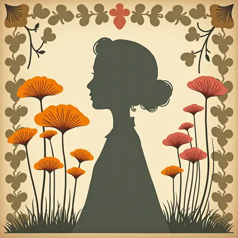 Botanical print framing a silhouetted portrait