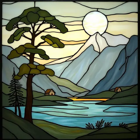 Mountain and lake landscape in stained glass